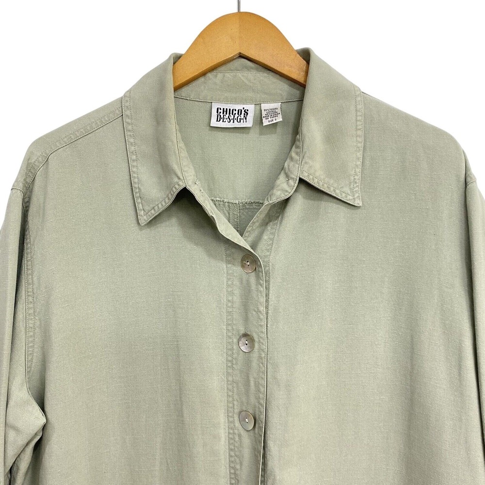 Chico's Design Jacket Womens 3 Green Tencel Linen Button Utility Shirt Top XL - Picture 2 of 12